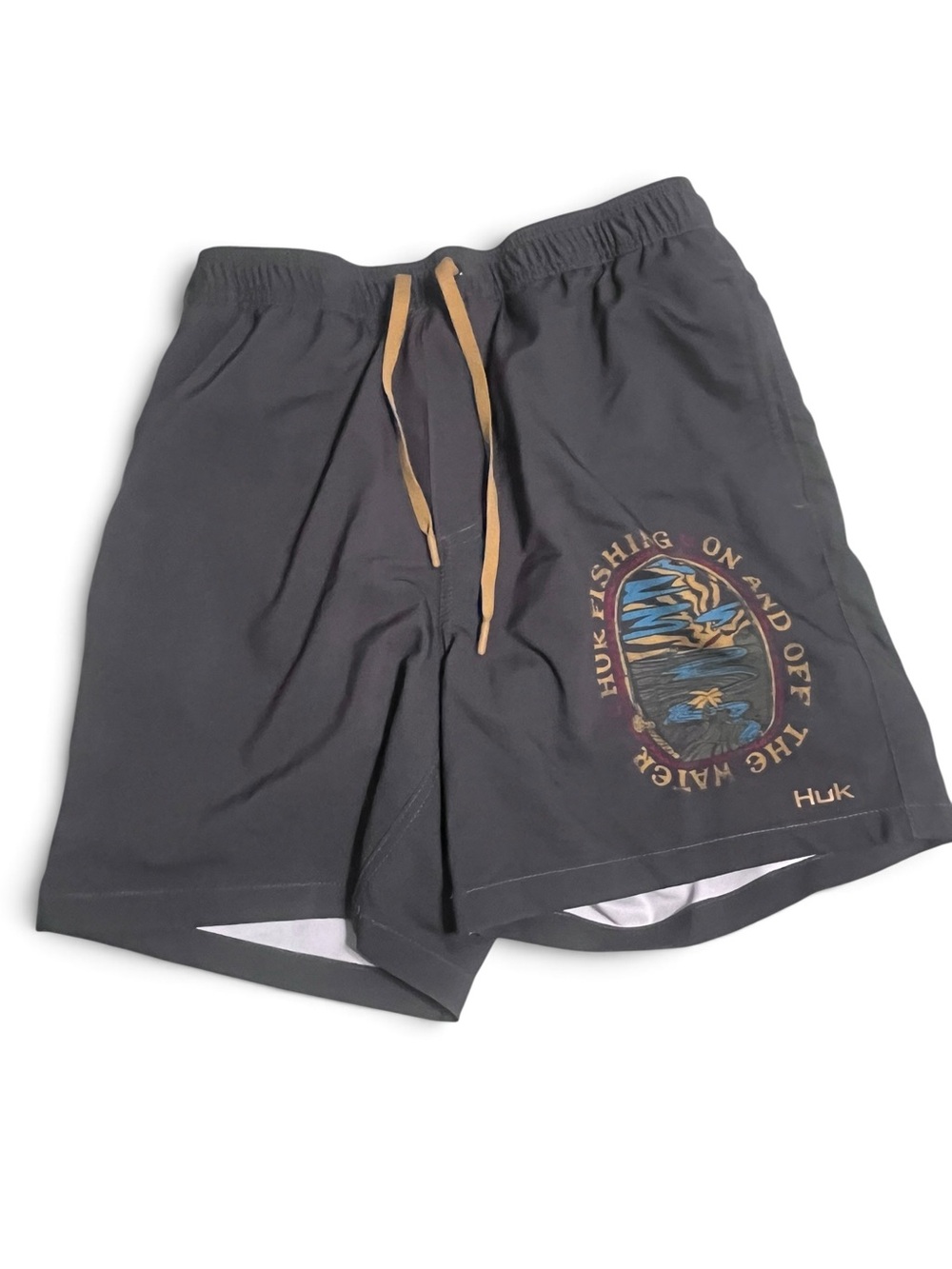 Huk Charcoal Swim Shorts with Tan Drawstring and Coastal Graphic